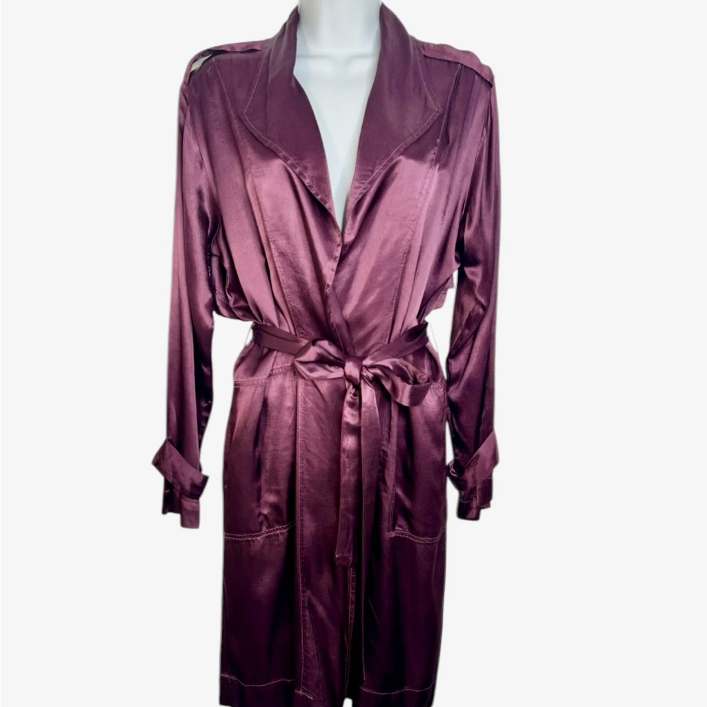 Wine Satin Trench Nation Ltd Size L Worn Once Patch Pockets Amulet Shoulders
